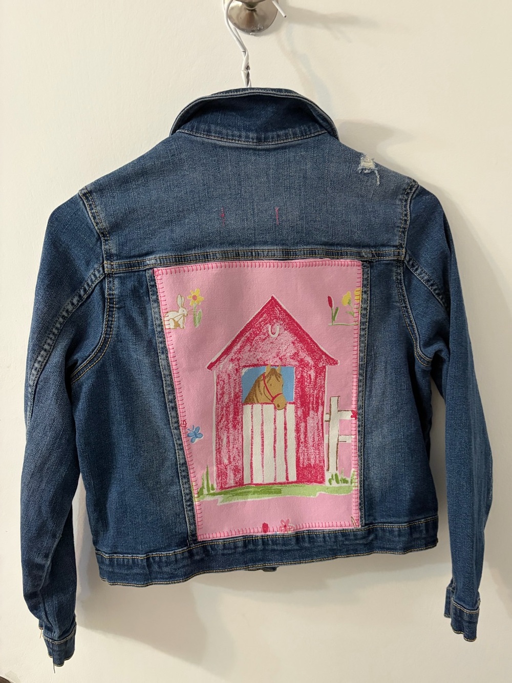 Upcycled kids Denim Jean Jacket 10-12 plus with horse barn panel sewn on back